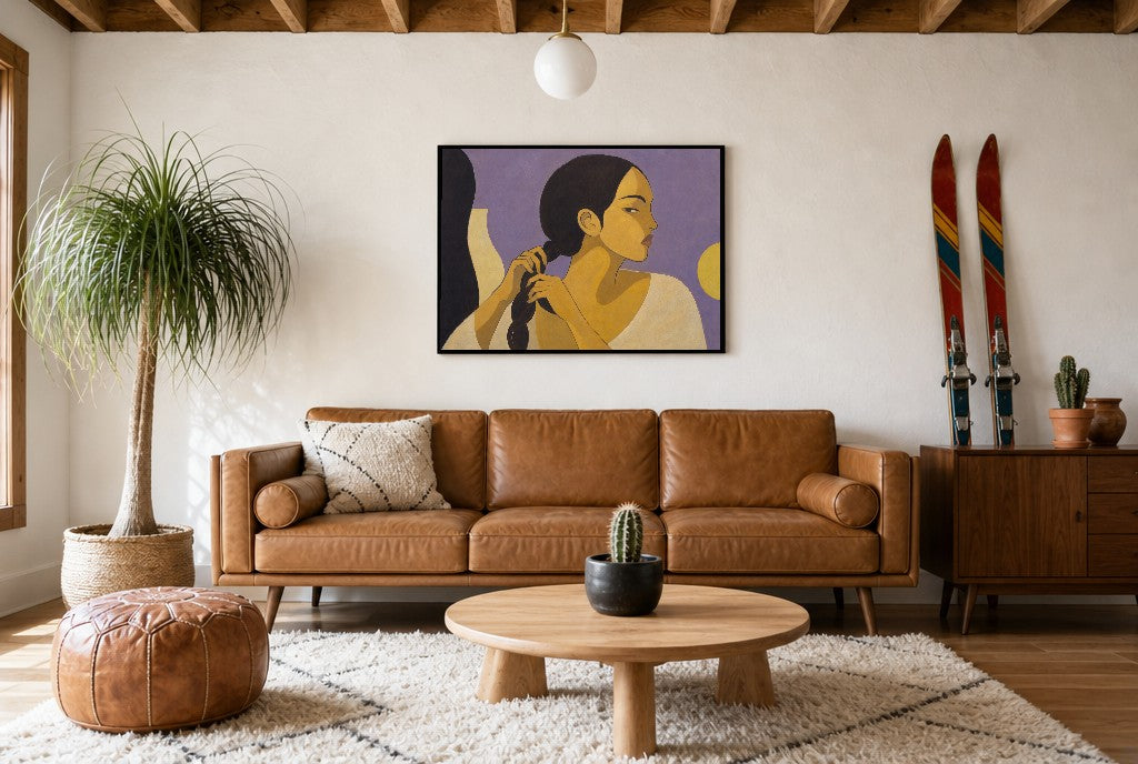 One Long Braid, above mid-century console