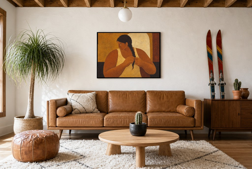 The Long Plait, above mid-century console