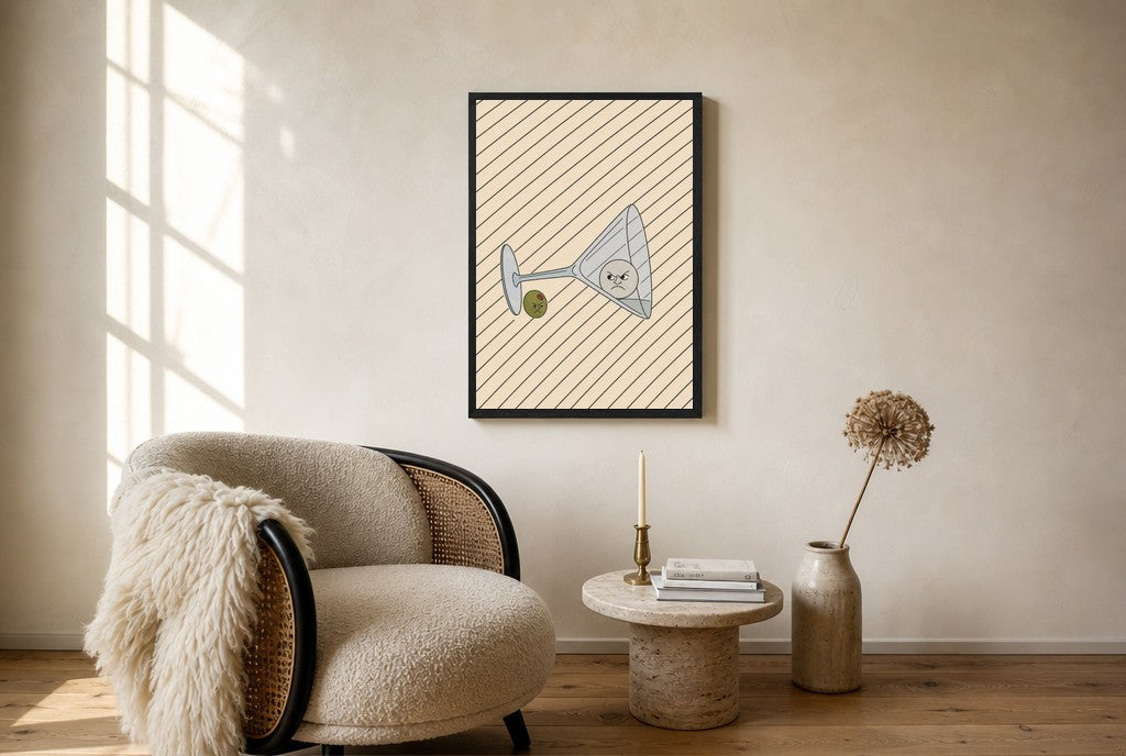 Oversized Tipped Martini, Olive leaning at the baseboard of a sunlit living room.