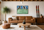 Framed Bar League hung above a mid-century walnut console with ceramics.