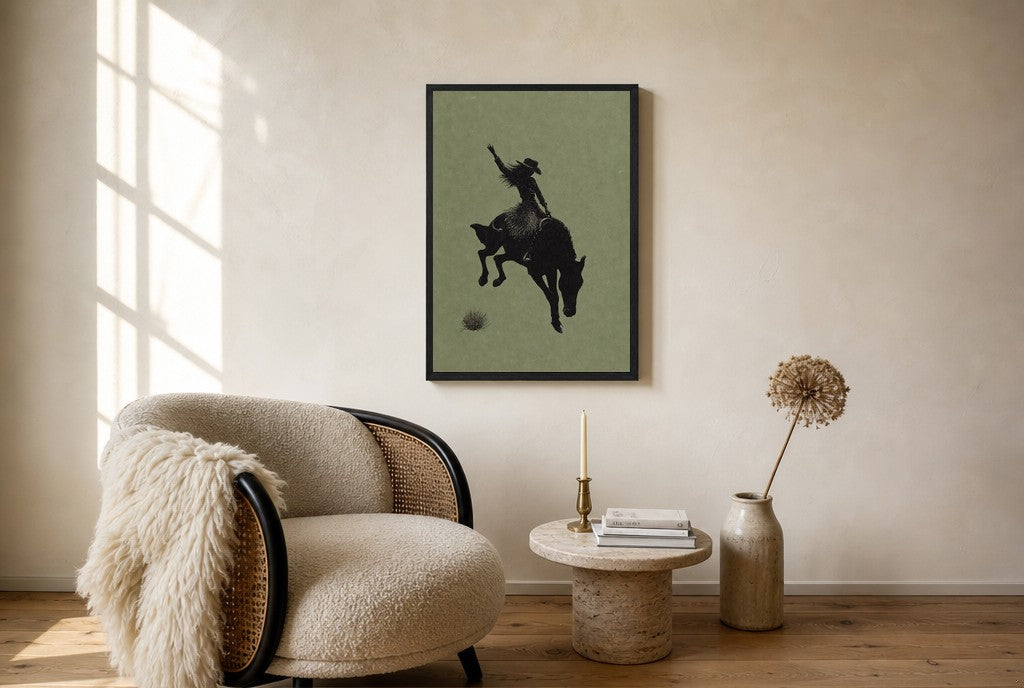 Oversized Bronc Rider, Sage leaning at the baseboard of a sunlit living room.