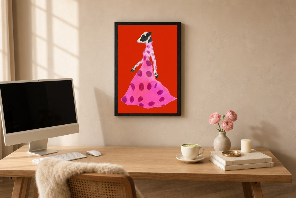 Framed Polka in Motion hung above a mid-century walnut console with ceramics.