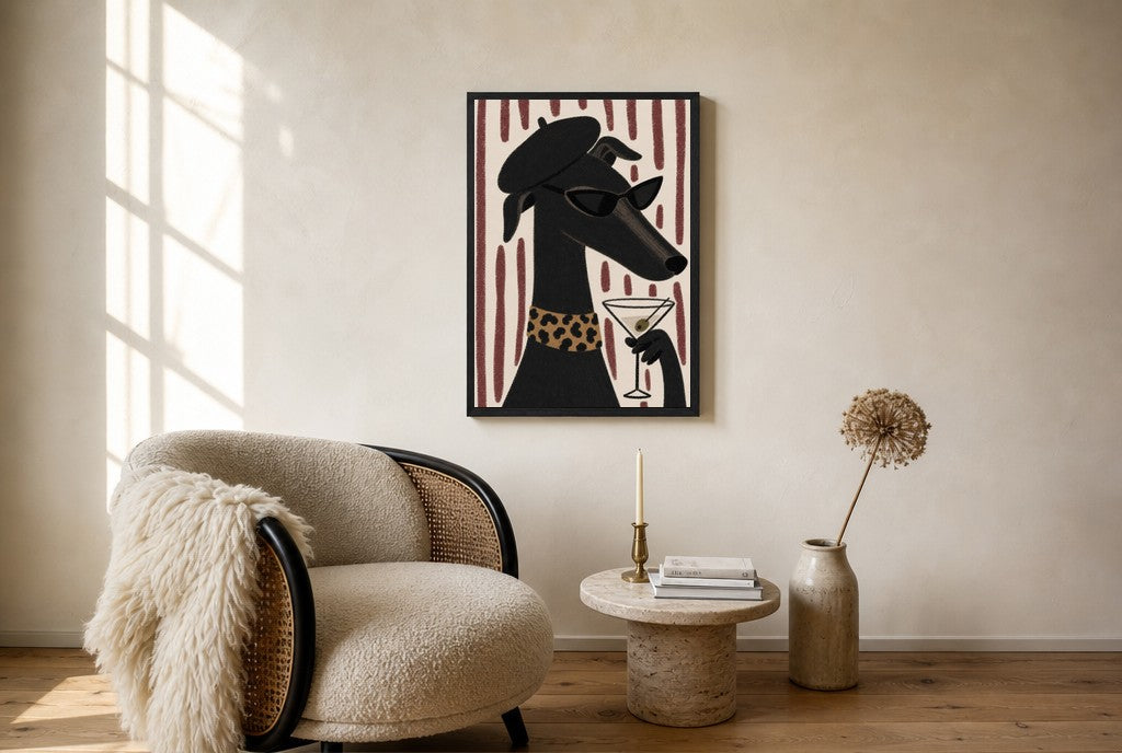 Oversized Greyhound, Beret, Martini leaning at the baseboard of a sunlit living room.