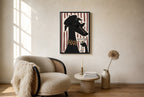Oversized Greyhound, Beret, Martini leaning at the baseboard of a sunlit living room.