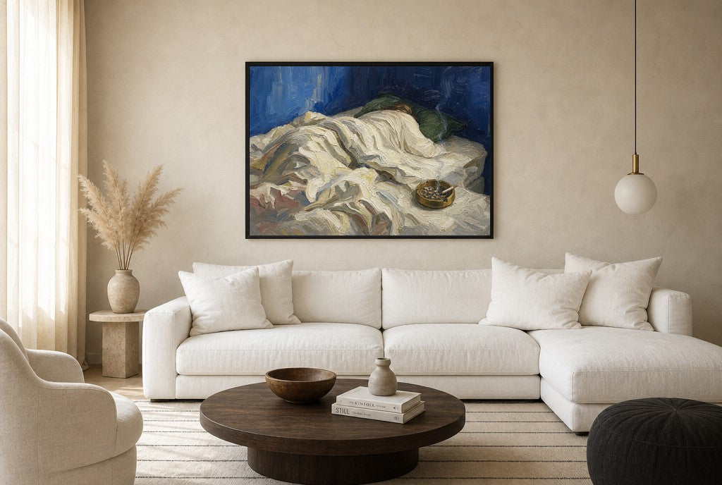 Oversized Sheets, Ashtray leaning at the baseboard of a sunlit living room.