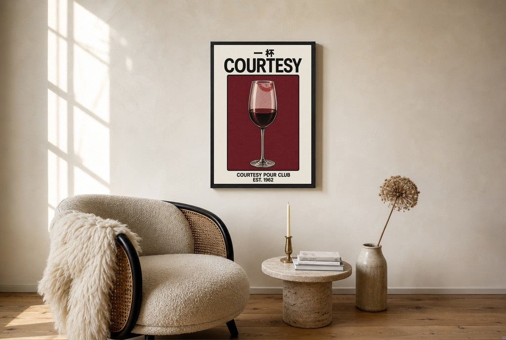 Oversized Courtesy Pour, Wine leaning at the baseboard of a sunlit living room.
