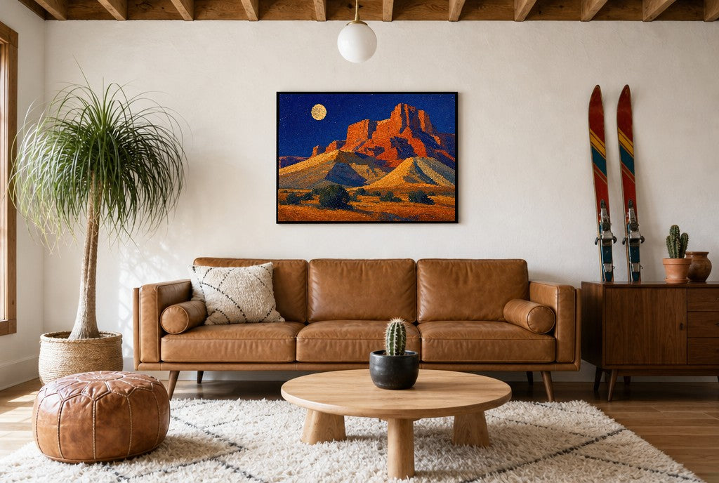 Moonrise, No Witnesses, above mid-century console