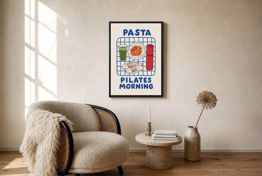 Oversized Pasta Pilates Morning leaning at the baseboard of a sunlit living room.