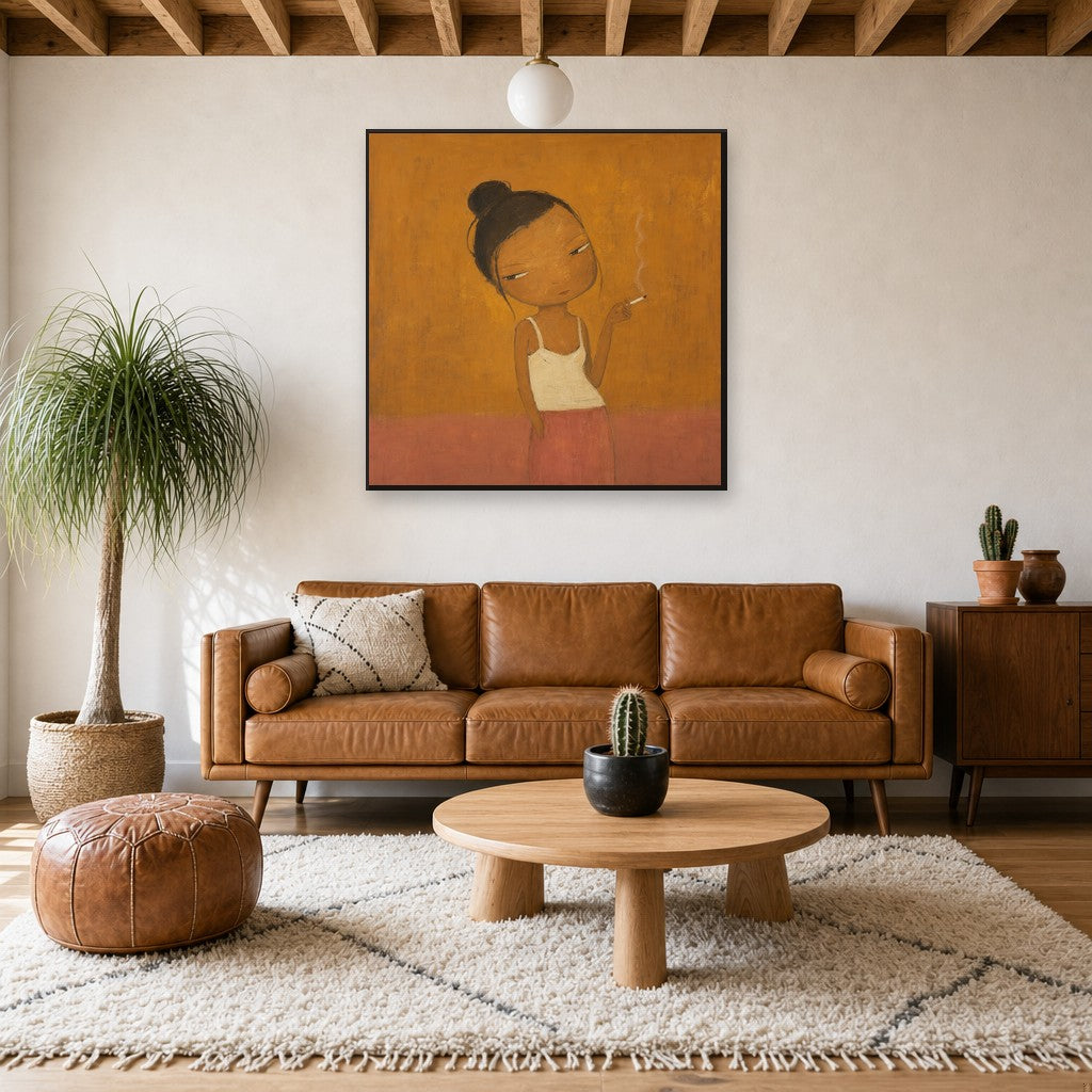 Smoke Break, Ochre, above mid-century console