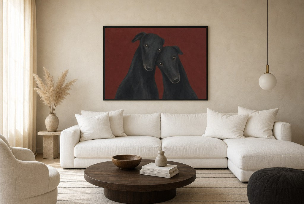 Oversized Two Greyhounds, Oxblood leaning at the baseboard of a sunlit living room.