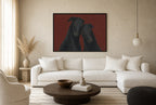 Oversized Two Greyhounds, Oxblood leaning at the baseboard of a sunlit living room.