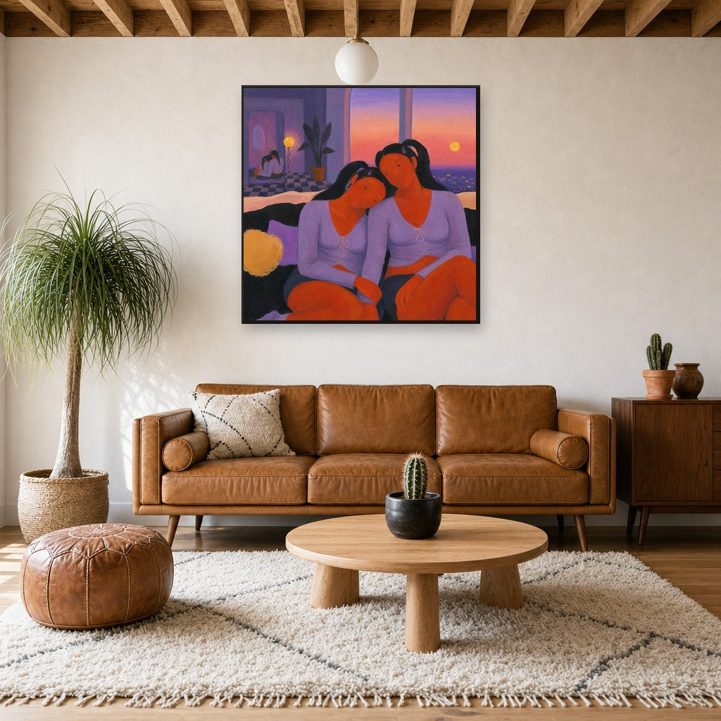 Us, at Sundown, above mid-century console