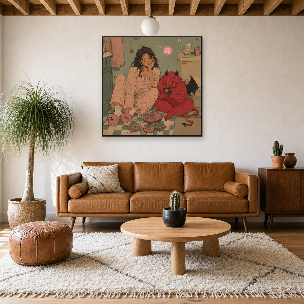Doomscrolling, Together, above mid-century console