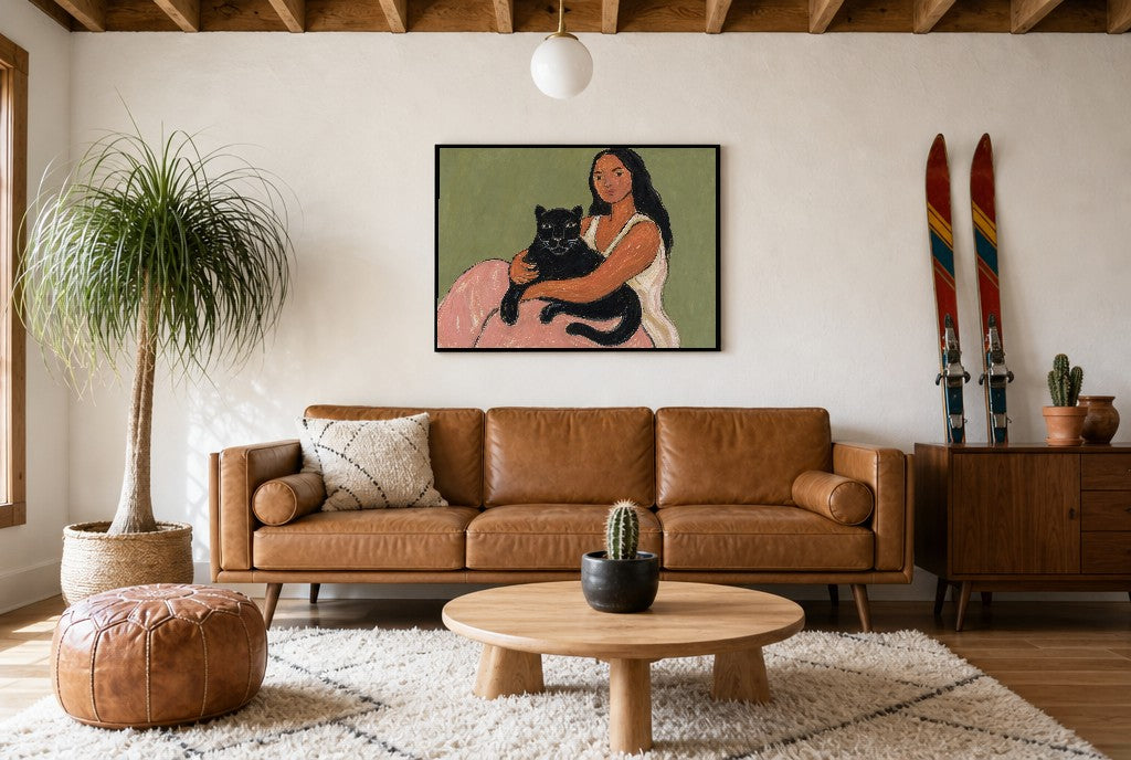 Black Cat, Held, above mid-century console