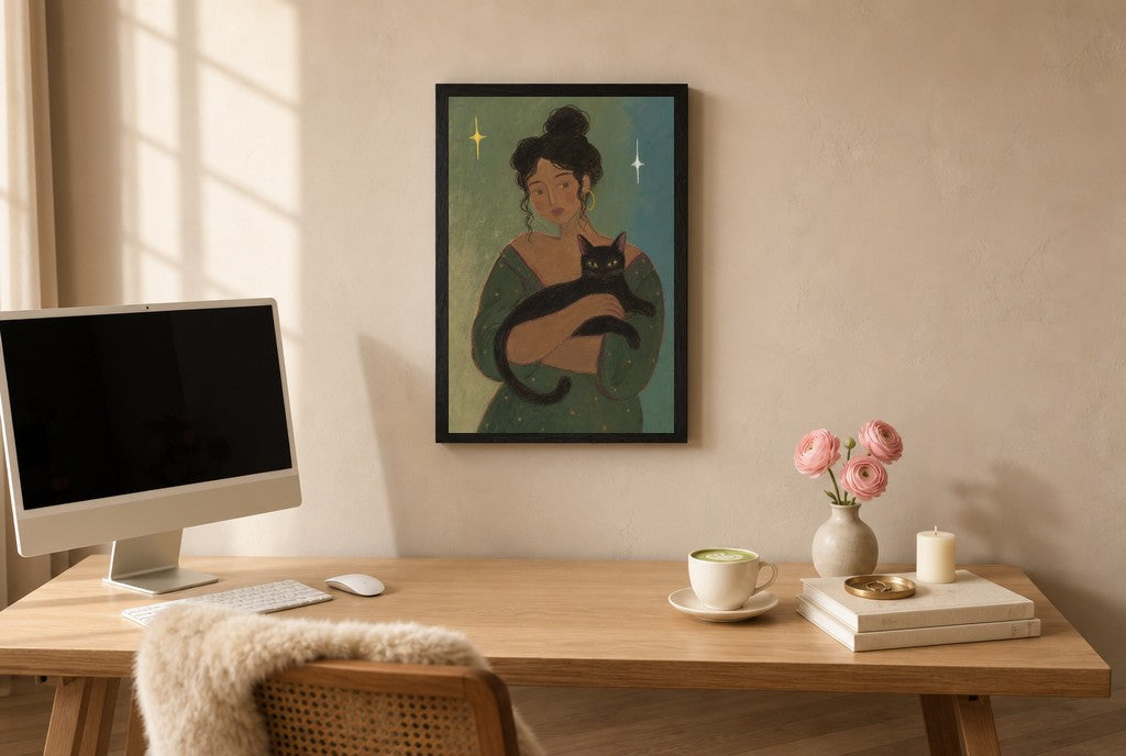 The Femme and Her Familiar, above mid-century console