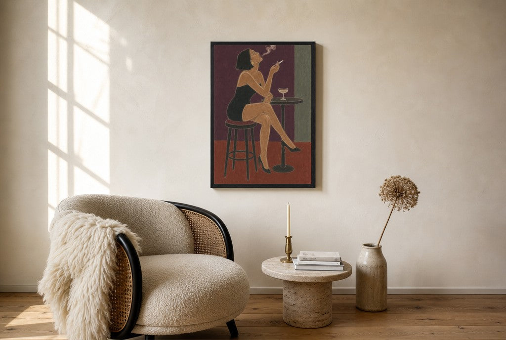 Oversized Bar Stool, Smoke leaning at the baseboard of a sunlit living room.