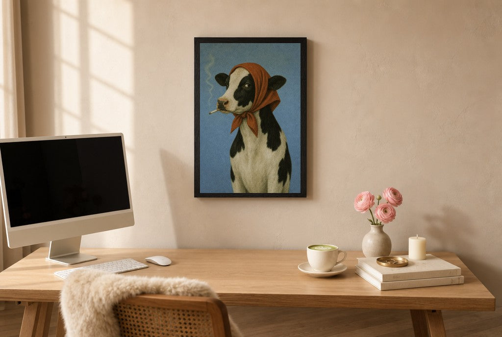 Framed Smoke Break, Headscarf hung above a mid-century walnut console with ceramics.