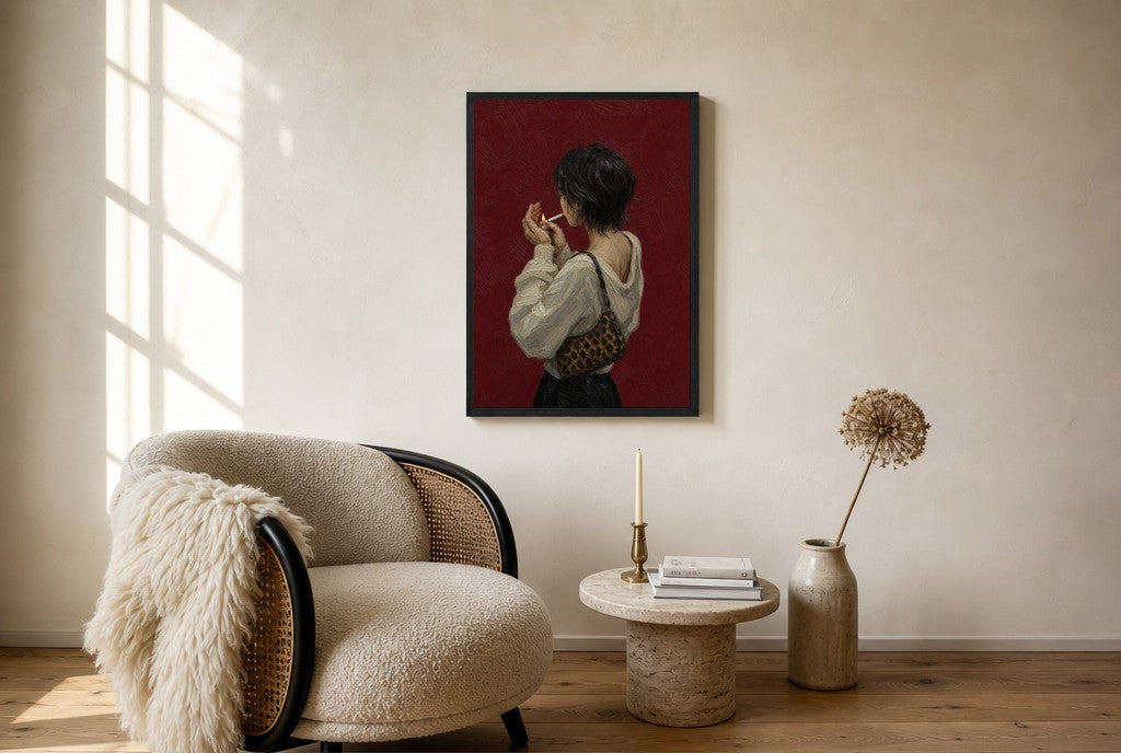 Oversized Lighting Up, Leopard Bag leaning at the baseboard of a sunlit living room.