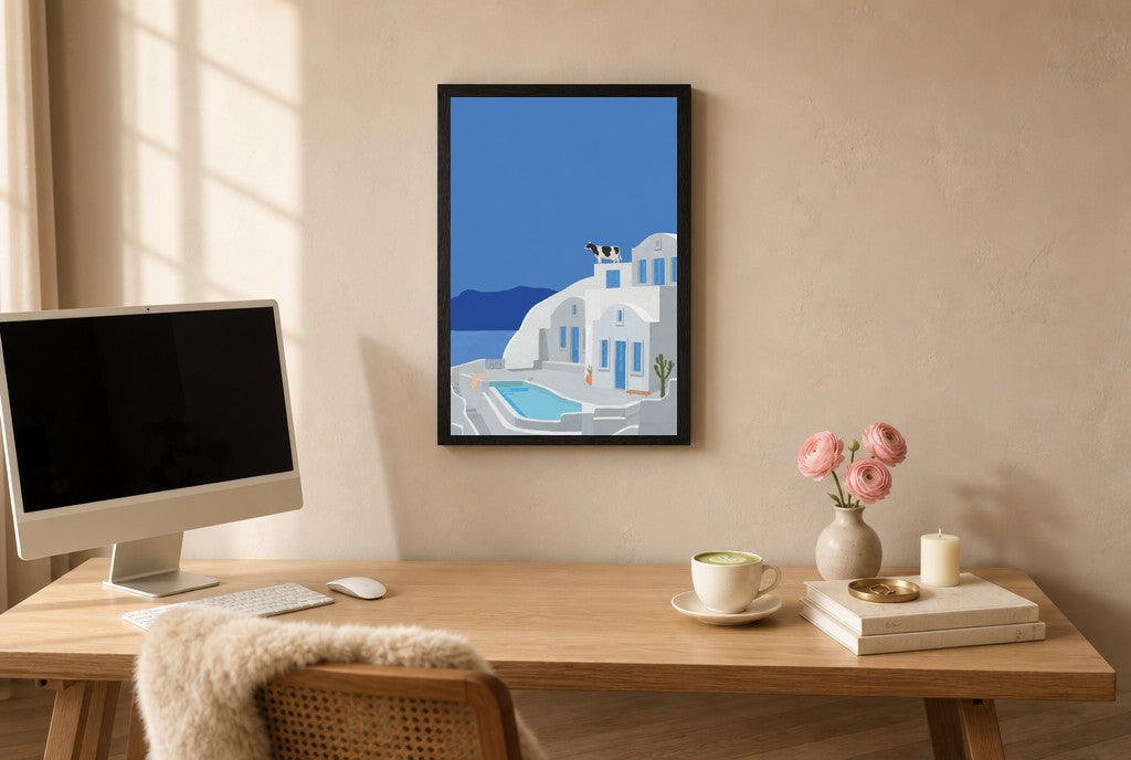Framed Santorini, Solo hung above a mid-century walnut console with ceramics.