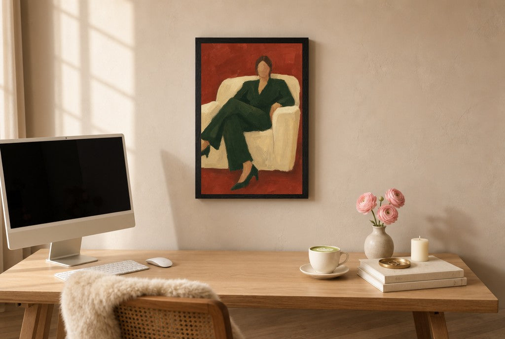 Forest Suit on Brick, above mid-century console