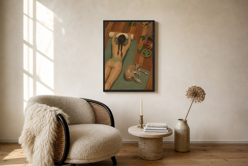 Oversized Reformer, Greyhound leaning at the baseboard of a sunlit living room.