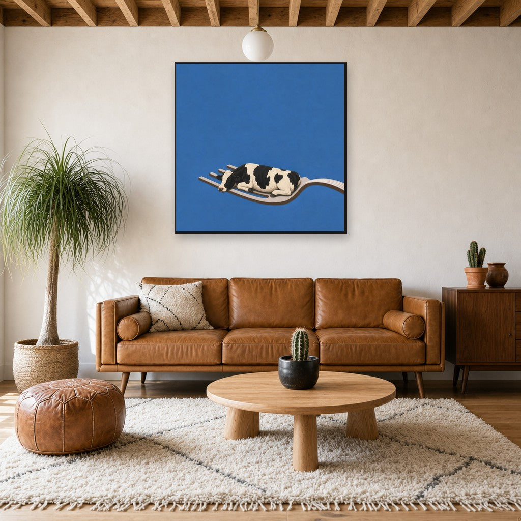 Framed House Special hung above a mid-century walnut console with ceramics.