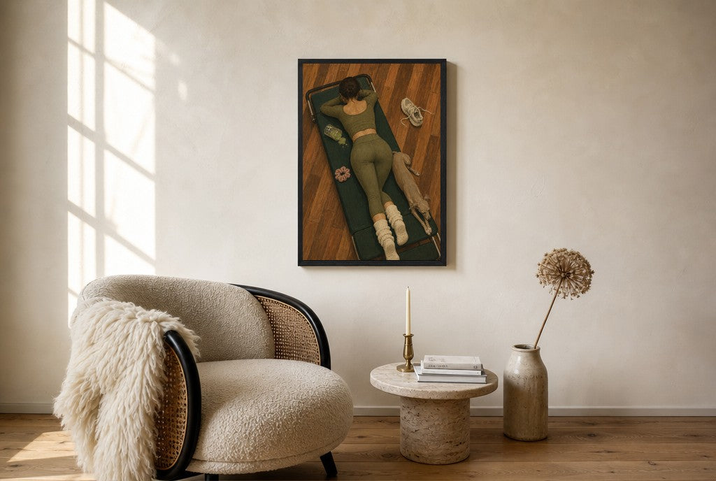 Oversized Pilates Mat, Greyhound leaning at the baseboard of a sunlit living room.