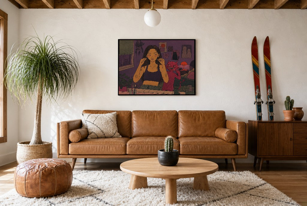 Flossing, Supervised, above mid-century console