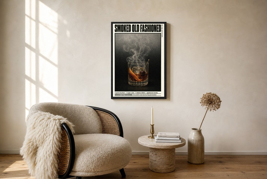 Oversized Smoked Old Fashioned leaning at the baseboard of a sunlit living room.