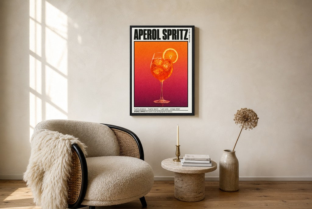 Oversized Aperol Spritz leaning at the baseboard of a sunlit living room.