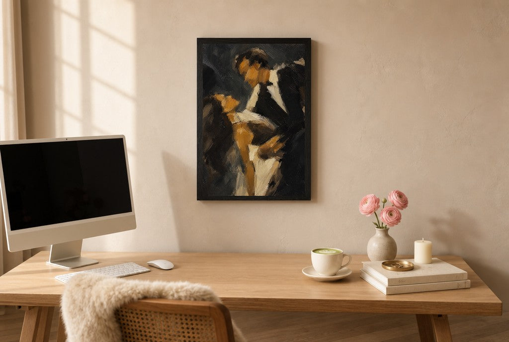 Couple, Charcoal, above mid-century console