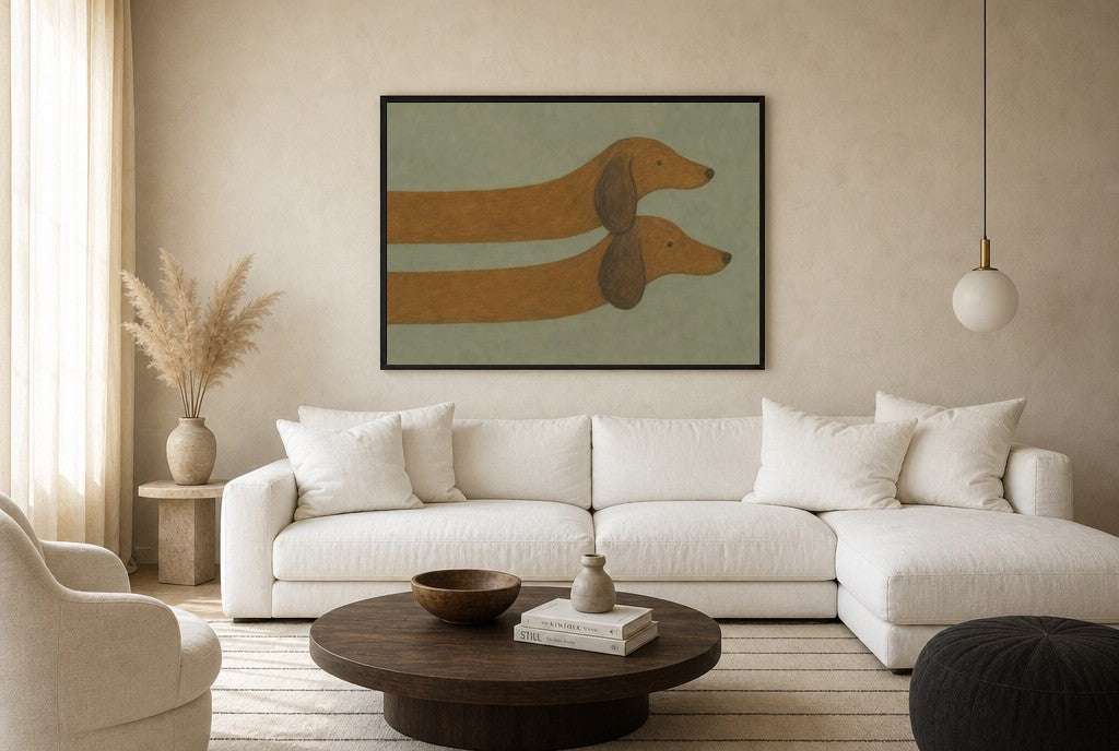 Oversized Two Dachshunds, Sage leaning at the baseboard of a sunlit living room.