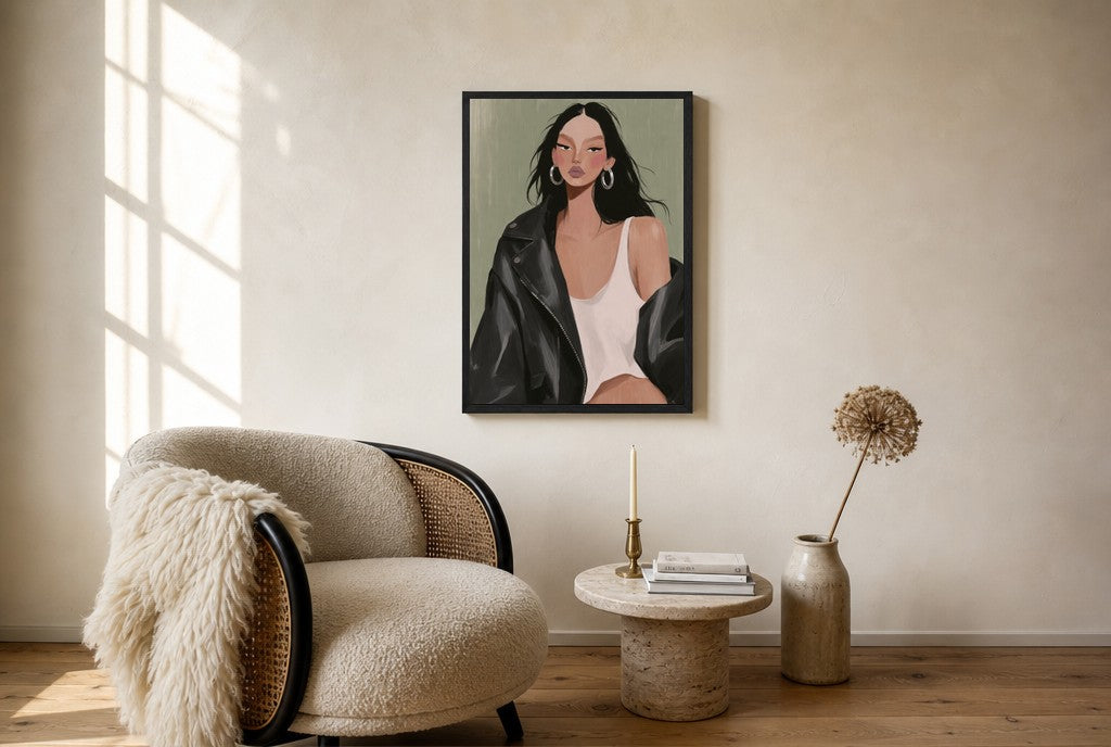 Oversized Leather Jacket, Sage leaning at the baseboard of a sunlit living room.