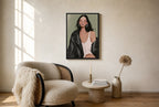 Oversized Leather Jacket, Sage leaning at the baseboard of a sunlit living room.