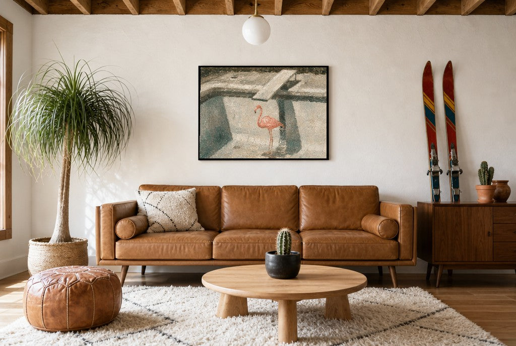 Flamingo, Empty Pool, above mid-century console