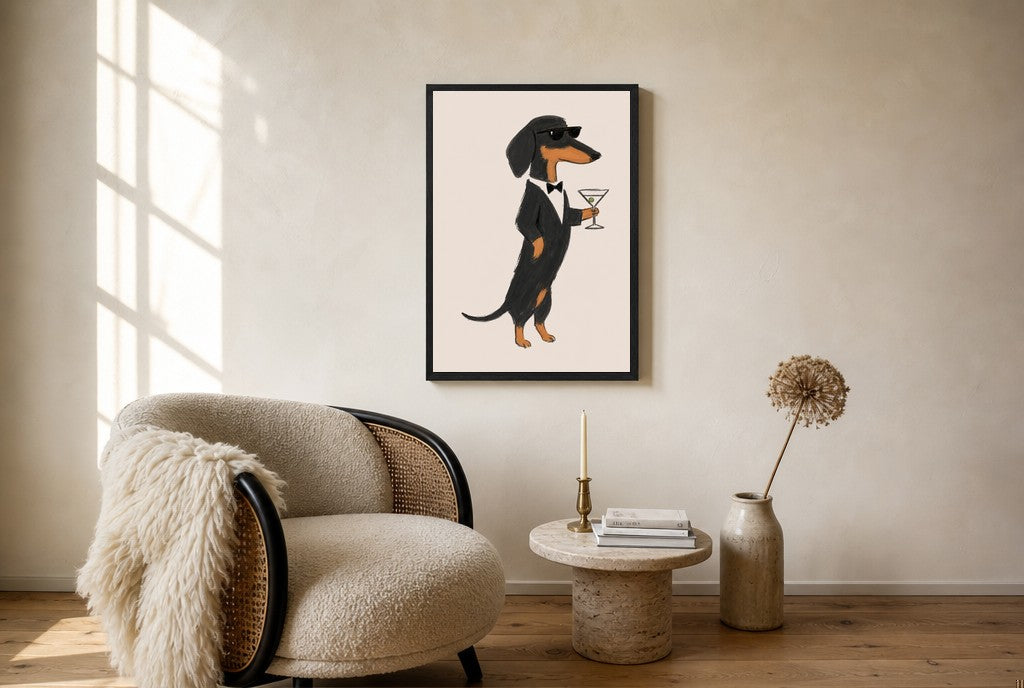 Oversized Dachshund, Martini leaning at the baseboard of a sunlit living room.