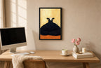 Framed Sunday Turtleneck hung above a mid-century walnut console with ceramics.