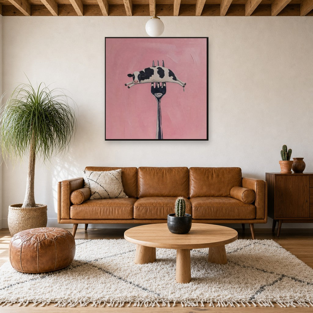Framed On a Fork, Deadpan hung above a mid-century walnut console with ceramics.