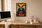 Framed All In hung above a mid-century walnut console with ceramics.