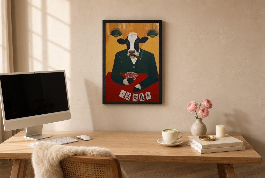 Framed All In hung above a mid-century walnut console with ceramics.