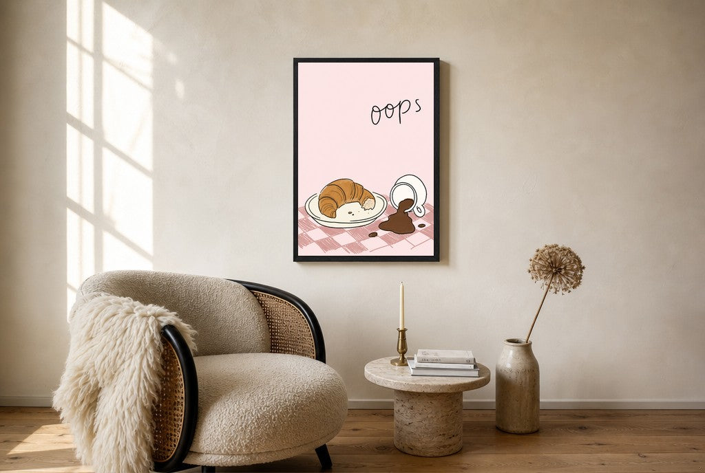 Oversized Oops, Croissant leaning at the baseboard of a sunlit living room.