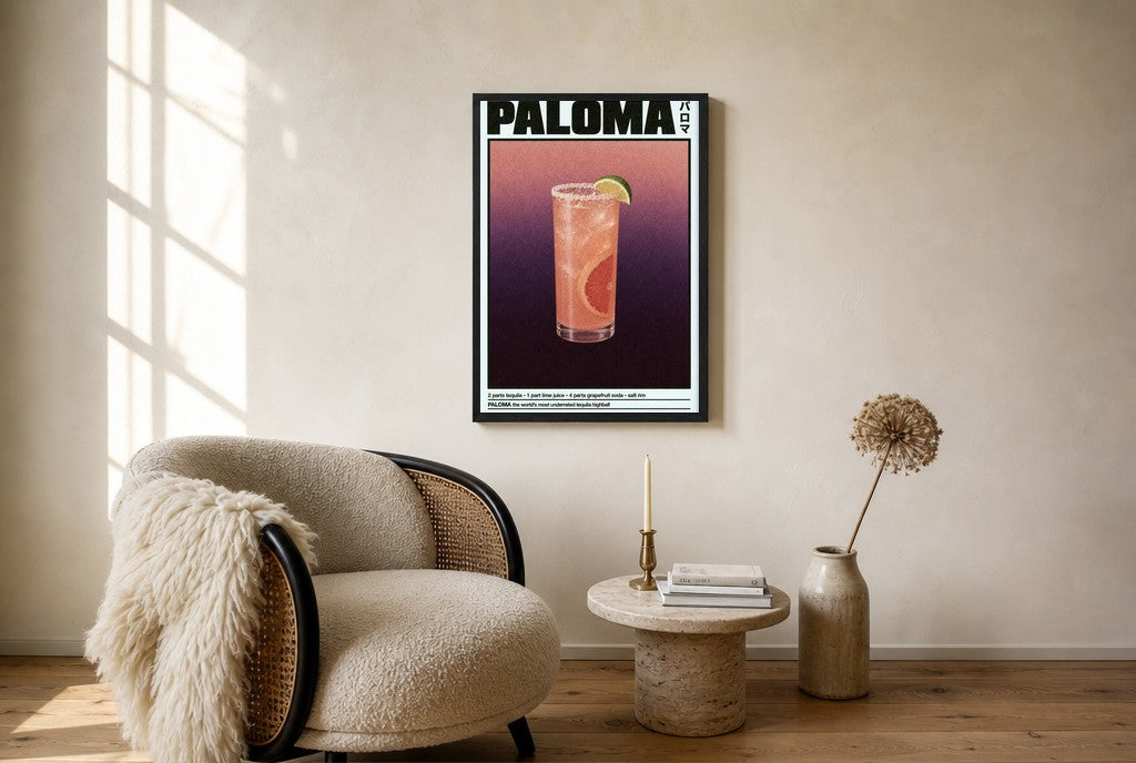 Oversized Paloma leaning at the baseboard of a sunlit living room.
