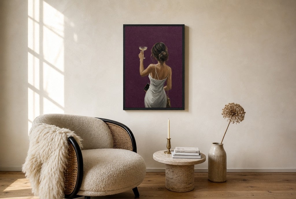Oversized Coupe Toast, Plum leaning at the baseboard of a sunlit living room.