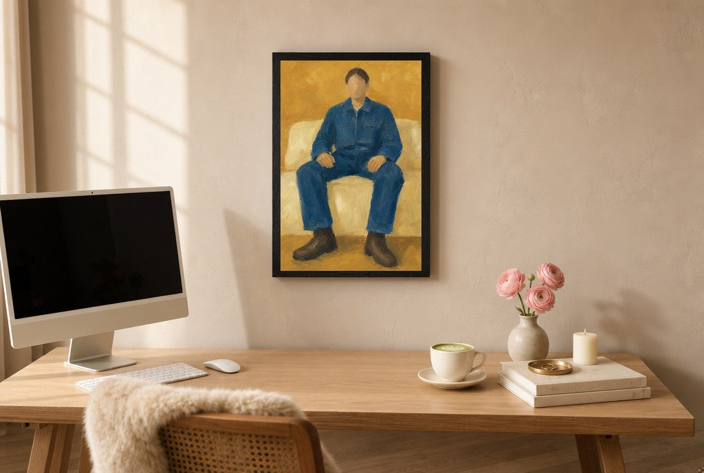 Denim Workwear, Ochre, above mid-century console