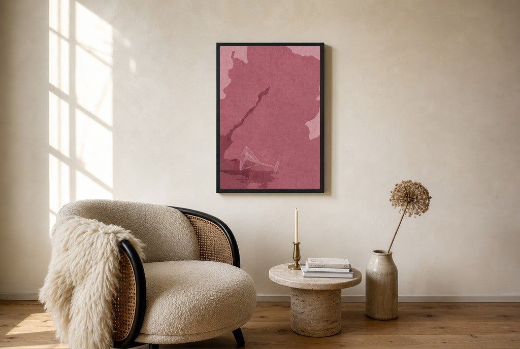 Oversized Spilled Martini, Oxblood leaning at the baseboard of a sunlit living room.