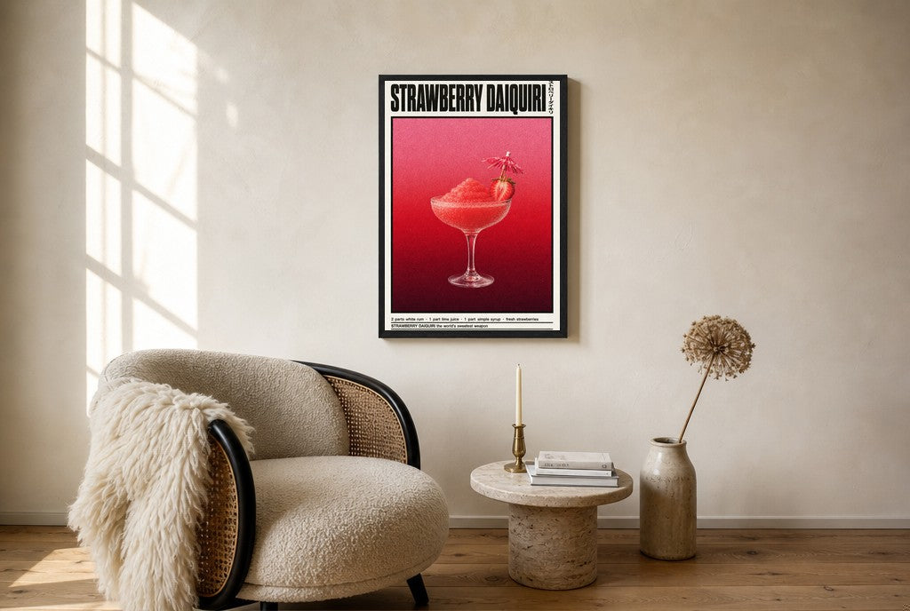Oversized Strawberry Daiquiri leaning at the baseboard of a sunlit living room.