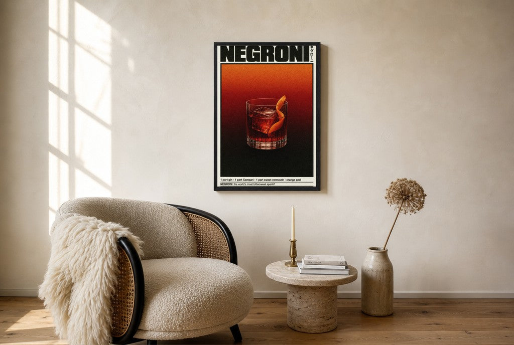 Oversized Negroni leaning at the baseboard of a sunlit living room.