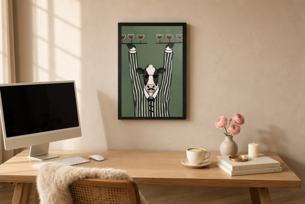 Framed Pour Cow hung above a mid-century walnut console with ceramics.