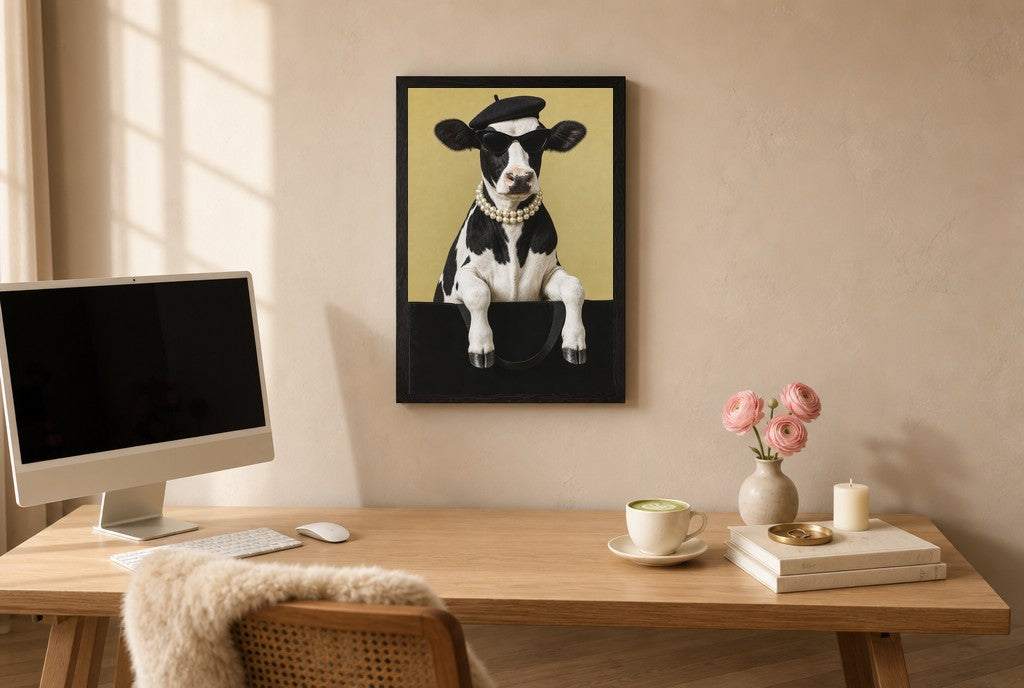 Framed Pearls and a Beret hung above a mid-century walnut console with ceramics.