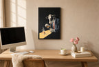 Framed Two Fingers, Neat hung above a mid-century walnut console with ceramics.